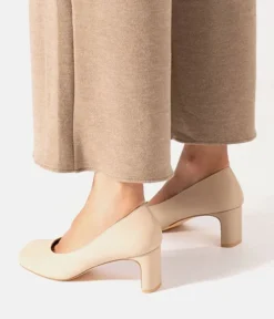 Stylish Beige Faux Leather Midi Heels