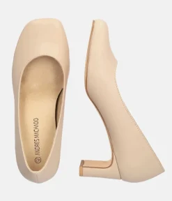 Stylish Beige Faux Leather Midi Heels