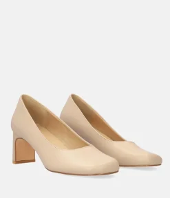 Stylish Beige Faux Leather Midi Heels