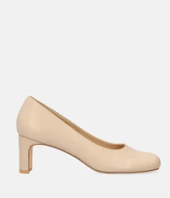 Stylish Beige Faux Leather Midi Heels