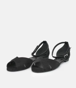 Stylish Black Ankle Strap Peep Toe Flats