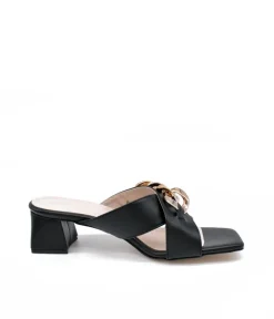 Stylish Black Criss Cross Block Heel Mules