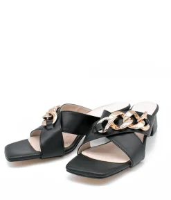 Stylish Black Criss Cross Block Heel Mules