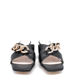 Stylish Black Criss Cross Block Heel Mules