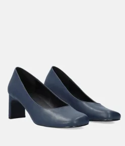 Stylish Navy Faux Leather Midi Heels